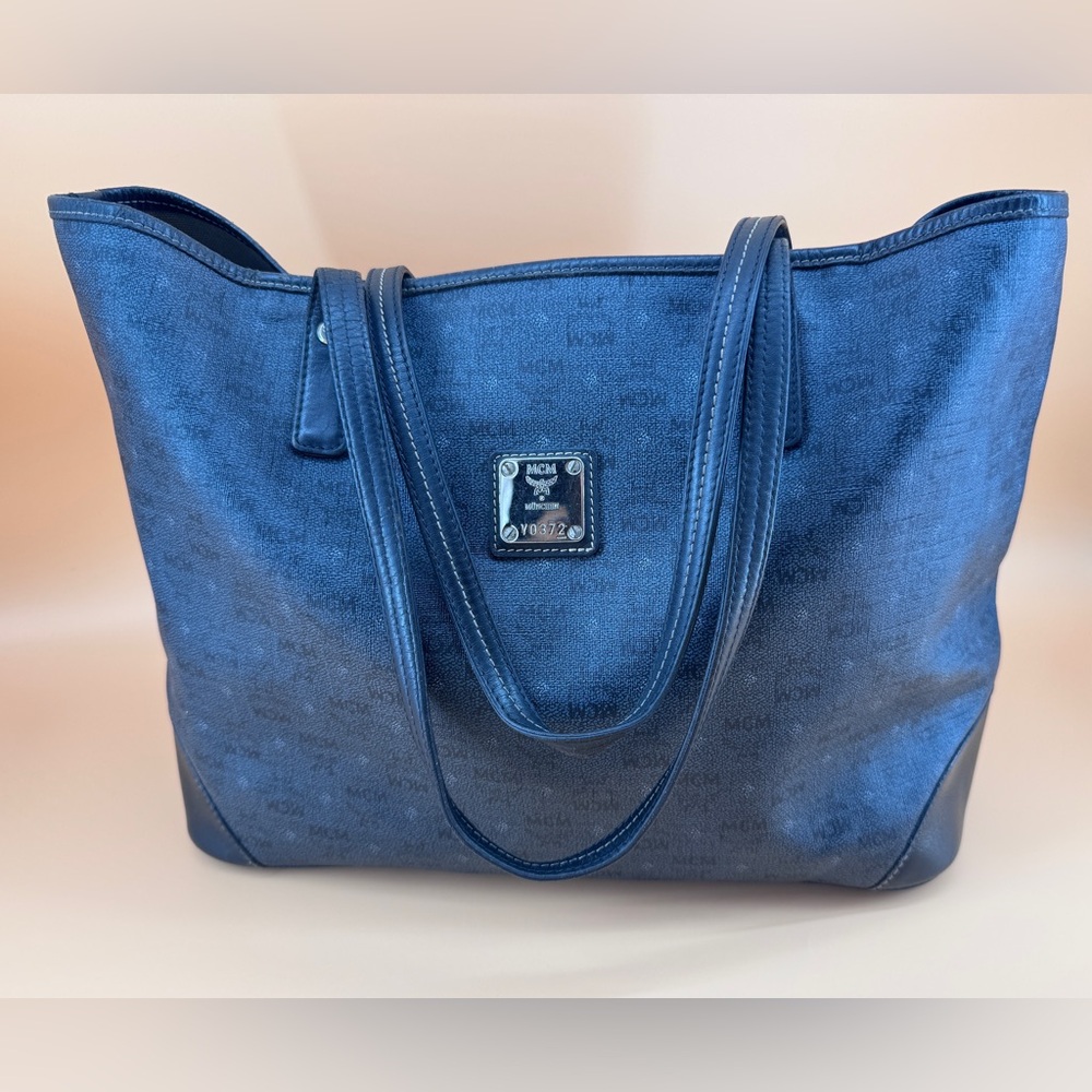 MCM Navy Blue Black Visetos Coated Canvas and Leather Open Tote - Picture 2 of 16